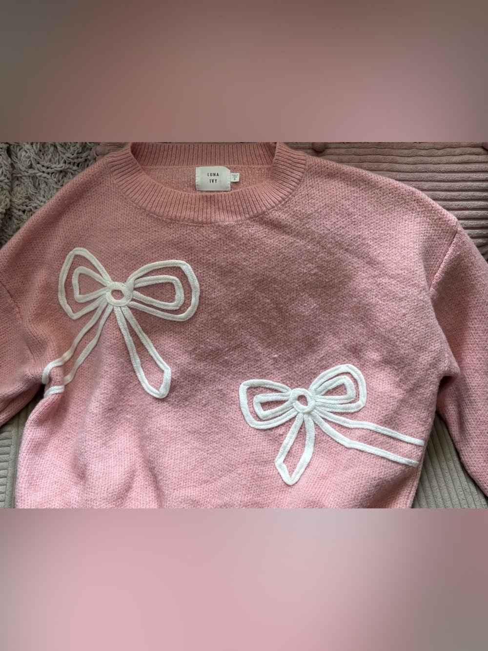 LUNA IVY Pink White Bow Cottage Core Sweater - Small